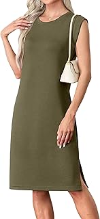 2025 Women Summer Round Neck Formal Classy Work Trendy Casual Loose Split Wrinkle-Free Midi Dress with Pockets
