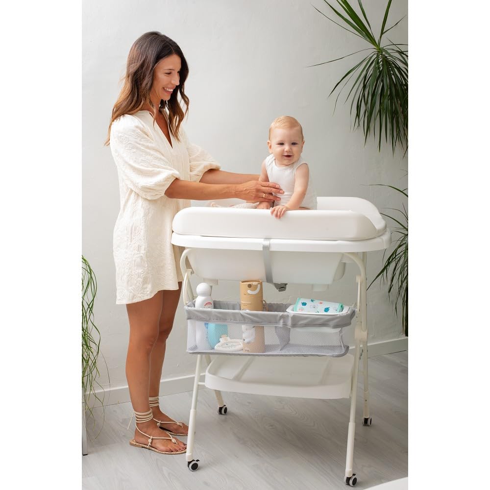 Interbaby Bañera Bebé Cambiador Plegable Patas, Ruedas, Hamaca (Dino) | Bañera con cambiador 2 en 1, hamaca anatómica extraíble, patas antideslizantes, altura ergonómica, portátil