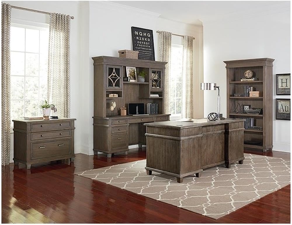 BOWERY HILL Traditional Wood Credenza, 68 in Wide, Solid Pine and Ash Veneers, Weathered Dove Finish, Antique Hardware, Office Desk Storage with Drawers and Pull-Out Printer Tray