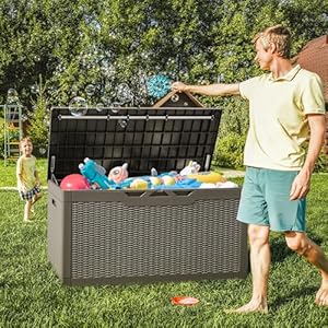 Greesum 100 gallon resin deck box large outdoor storage with cushions for patio furniture garden tools pool supplies weatherproof and uv resistant lockable coffee  urban country home decor