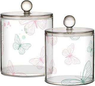 Colorful Butterfly Apothecary Jar Qtip Holder Set of 2 with Lid | Bathroom Containers Cotton Ball Holder Transparent Jar for Cotton Swab, Ball, Pad, Floss, Makeup, Kitchen, Pantry