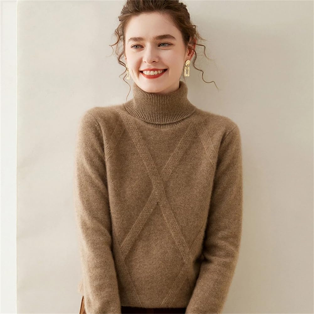 レディースカシミヤメリノウールタートルネックセーター長袖カジュアルジャンパーソリッドニットプルオーバートップス Lighttan S