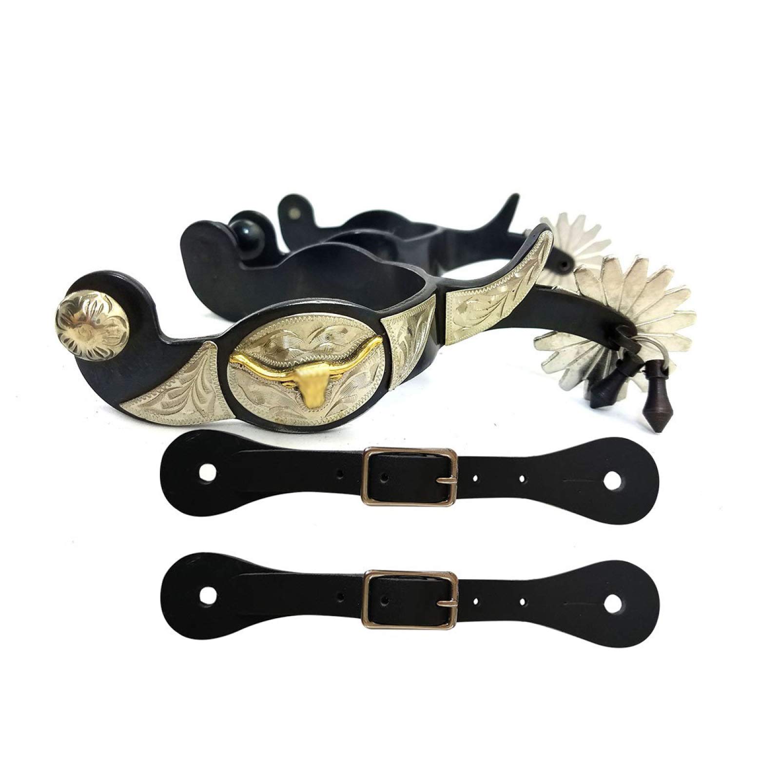 Spurs Riding Spurs Leather Strap Horse Riding Antique Western Hand Carved Spur Decorative,Black