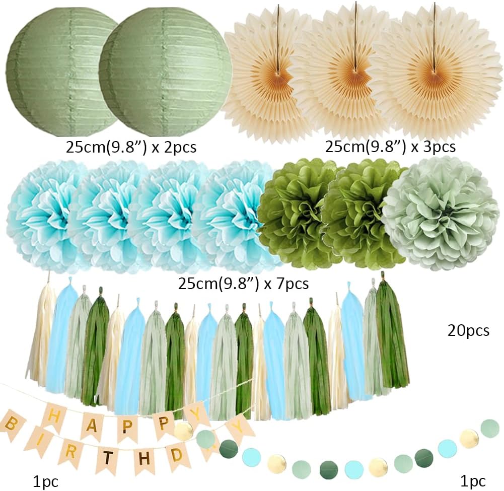 Sage Green and Blue Birthday Decorations Boy Olive Sage Green and Light Blue Birthday Decorations Beige Paper Fans Pom Poms Olive Cream Tassel Garland Party with Banner Beige Gold