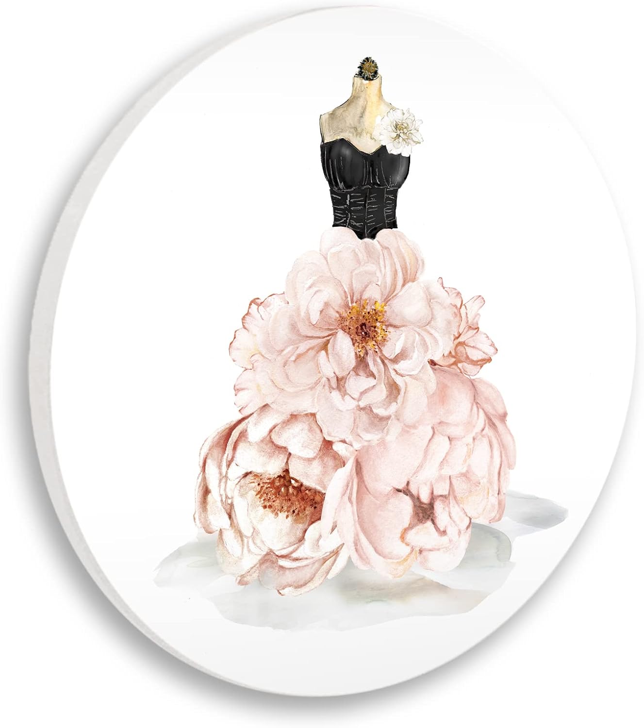 Stupell Industries Pink Peonies Floral Dress Black Corset Fashion Mannequin Circular Wall Plaque, 12" Diameter