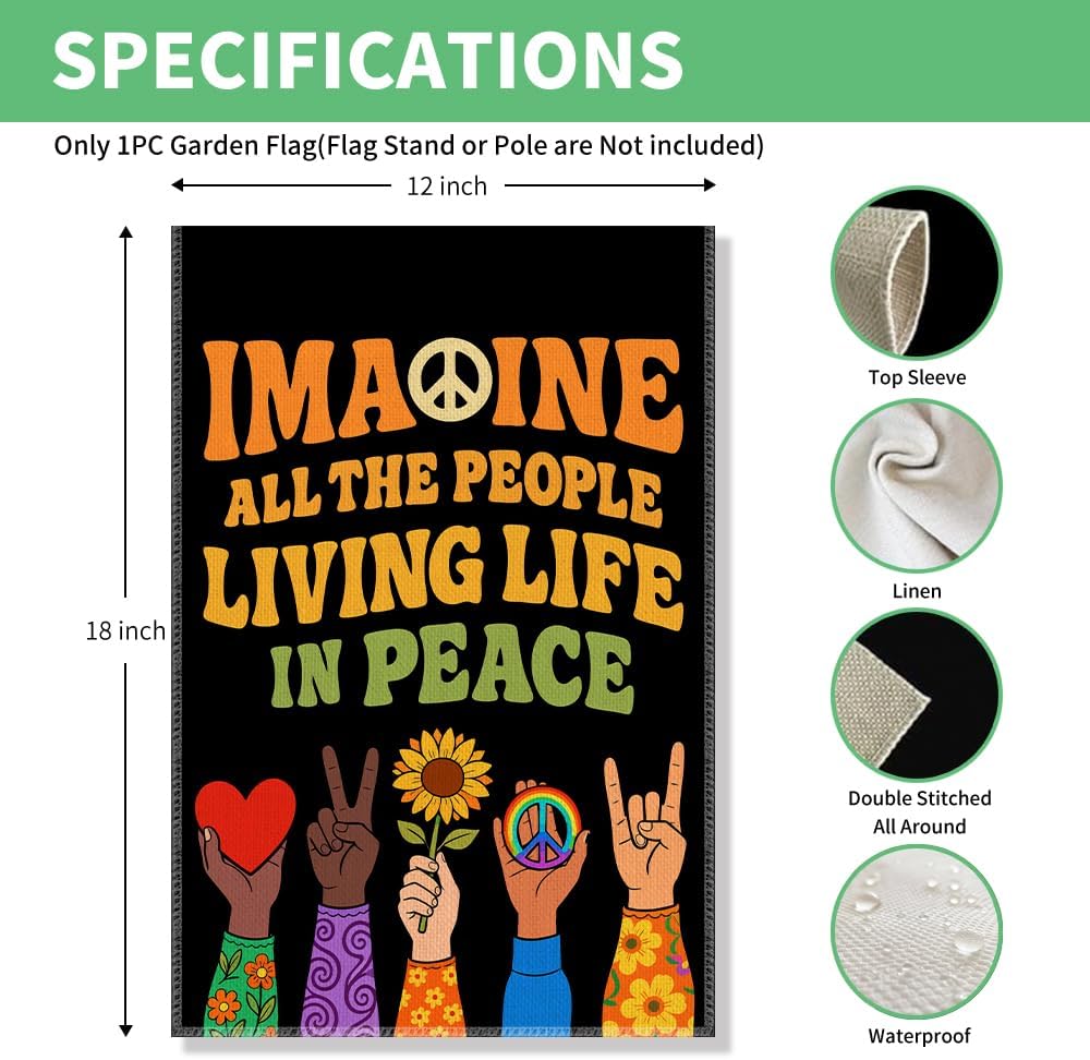 Perfectinsoy Imagine All the People Living Life in Peace Funny Garden Flag, Rainbow Equality Hippie Yard Banner, Earth Peace Social Justice Flag Gifts, Welcome Yard Farmhouse Lawn Outdoors Decor - Image 2