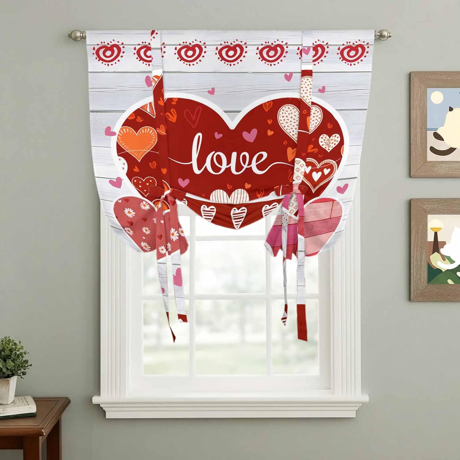 Gray Wood Valentines Day Tie Up Curtains for Window, Love Hearts Romantic Farmhouse Thermal Insulated Balloon Shade Adjustable Rod Pocket Curtains Valance Panels for Kitchen Bathroom Café 52'' x 45''