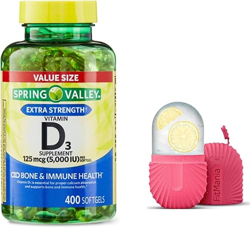 Cápsulas blandas de vitamina D3 Spring Valley, 125 mcg por cápsula, 5,000 UI, 400 unidades y rodillo de hielo de regalo para la cara