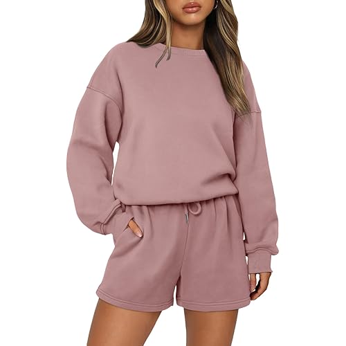 AUTOMET Womens Two Piece Outfits 2 Piece Lounge Matching Sets Fleece Sweatsuit Sweat Shorts Fashion Fall Clothes Sweatshirt