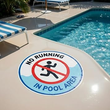 Anti-Slip No Running in Pool Area Floor Decals 5 Pack, 10" Round Vinyl Safety Signs for Pool Decks, Locker Rooms, Floors & Walls