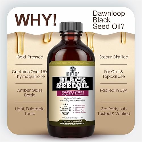 Miniatura 4 de DAWNLOOP Aceite de semilla negra orgánico prensado en frío, 100% puro de alta timoquinona Nigella Sativa, aceite de comino negro para apoyo