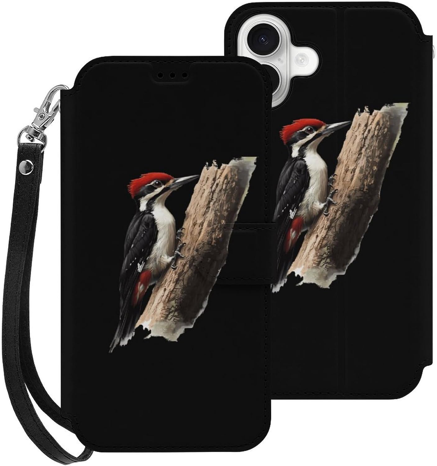 Woodpecker Compatible with iPhone 16/16 Plus/16 Pro/16 Pro Max/16 E Case Phone Wallet Card Holder Flip Cover with Wrist Strap