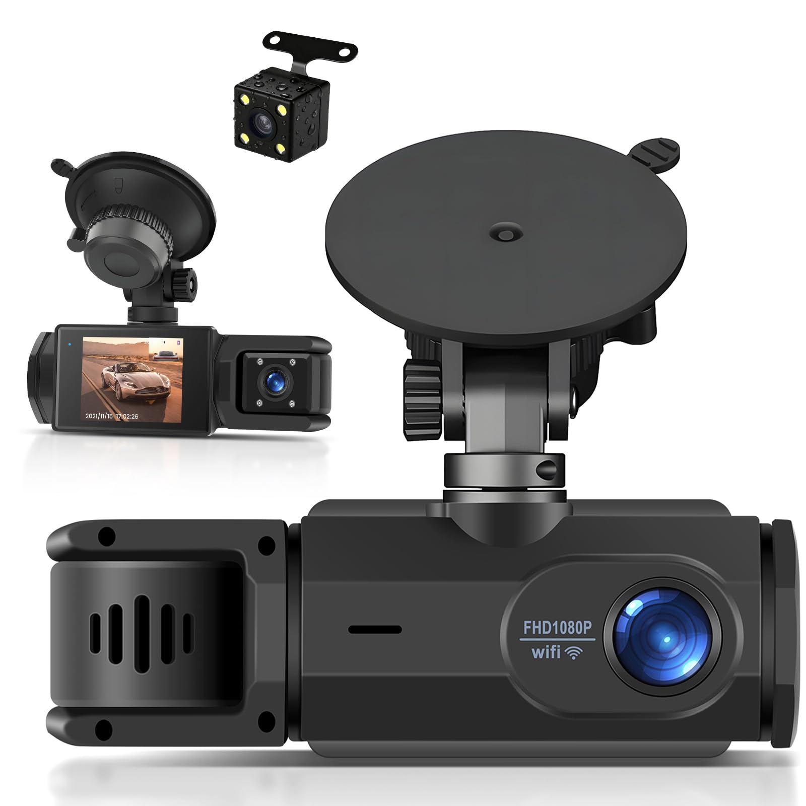 SIXTOP Dash Cam avec Caméra de Recul 1080P Full HD - Caméra de voiture avec WiFi et Application, Vision Nocturne, Mode Stationnement et Grand Angle 150° - Incl. Détection de Mouvement et Enregistremen