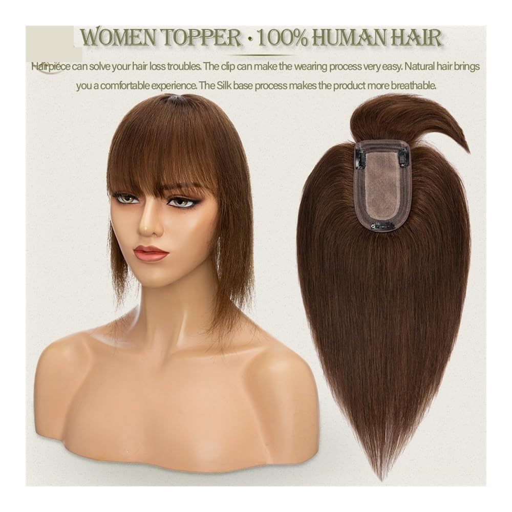 Topper for capelli umani con frangia for donna, clip for parrucche | Base 7x12,5 cm,traspirante，for capelli diradati capelli grigi donne posticci for aggiungere volume(14 inches,GREY)