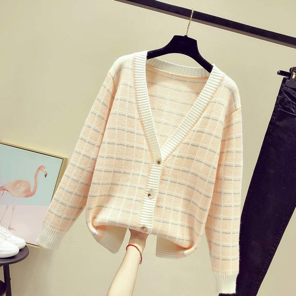女性のカーディガン 女性の長袖セーター長い新しい女性のカーディガン秋と冬の格子縞のvネック長袖メディアをトップス女性のセーターをルーズフィット 祝日 Mlkjsyba Color Pink Size One