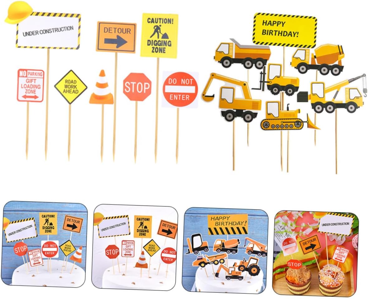 Generic 150pcs Construction Cake Decoration Picks Set for Birthday Party, Road Sign and Engineering Vehicle Cake Toppers, Non-edible Photo Props for Party Supplies