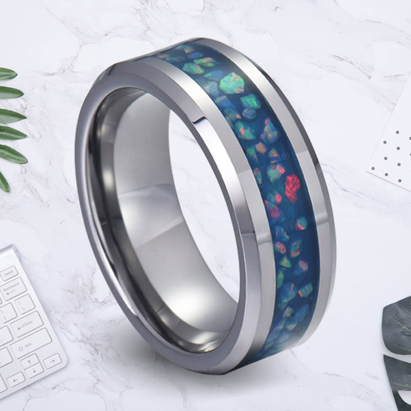 Halskette für Paare, Silberkette Damen Hochzeit Wolframkarbid 8 mm Silberring Inlay Blauer Opal Hochzeitsgeschenk Ring Halskette