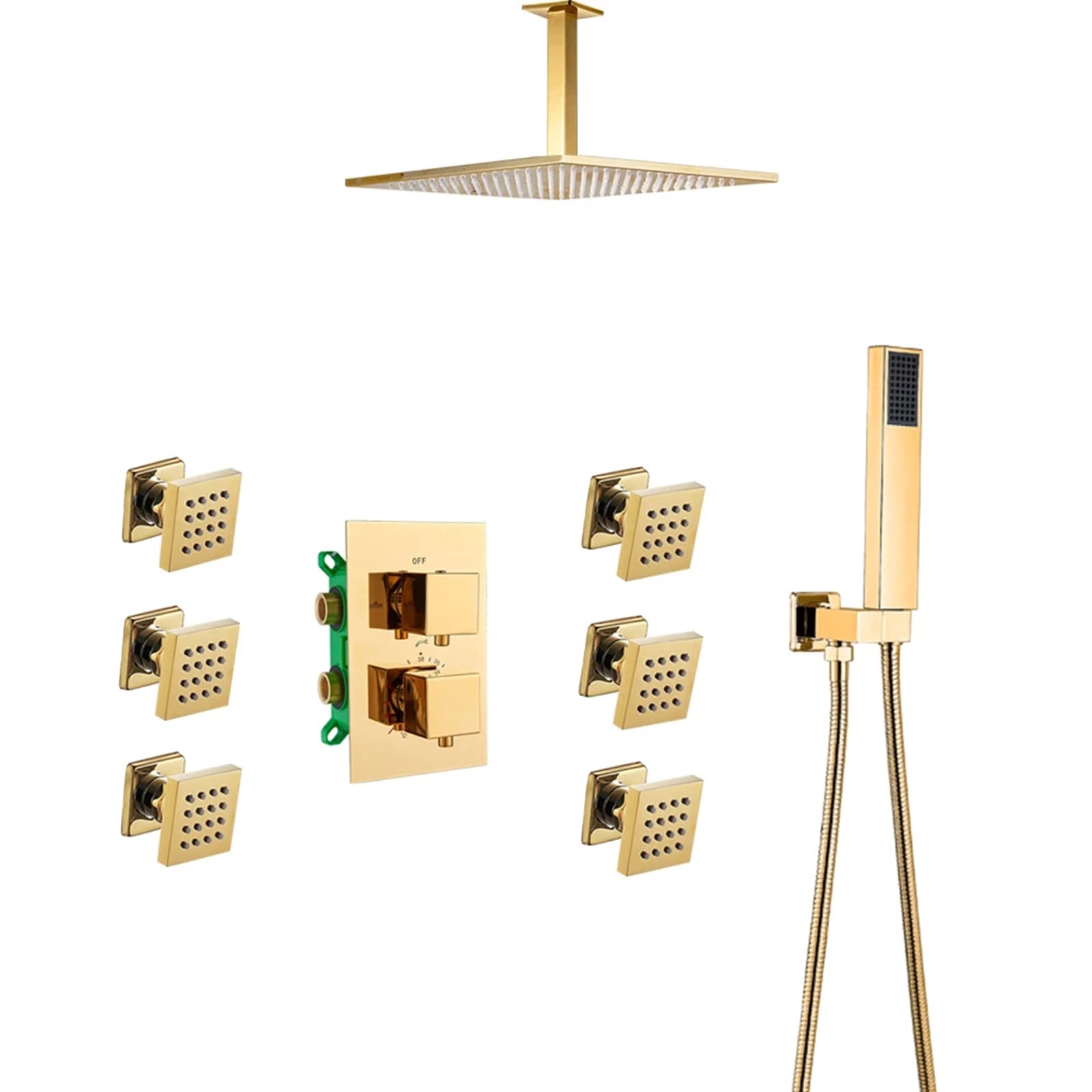 NGDFGR Shower Jets, Thermostatic 3-Way Shower Valve Bathroom Shower Combo Set With 6 Massage Body Sprays, Rain Shower Head And Handheld Showerhead,Ceiling 8In,size_name-Ceiling 16inch