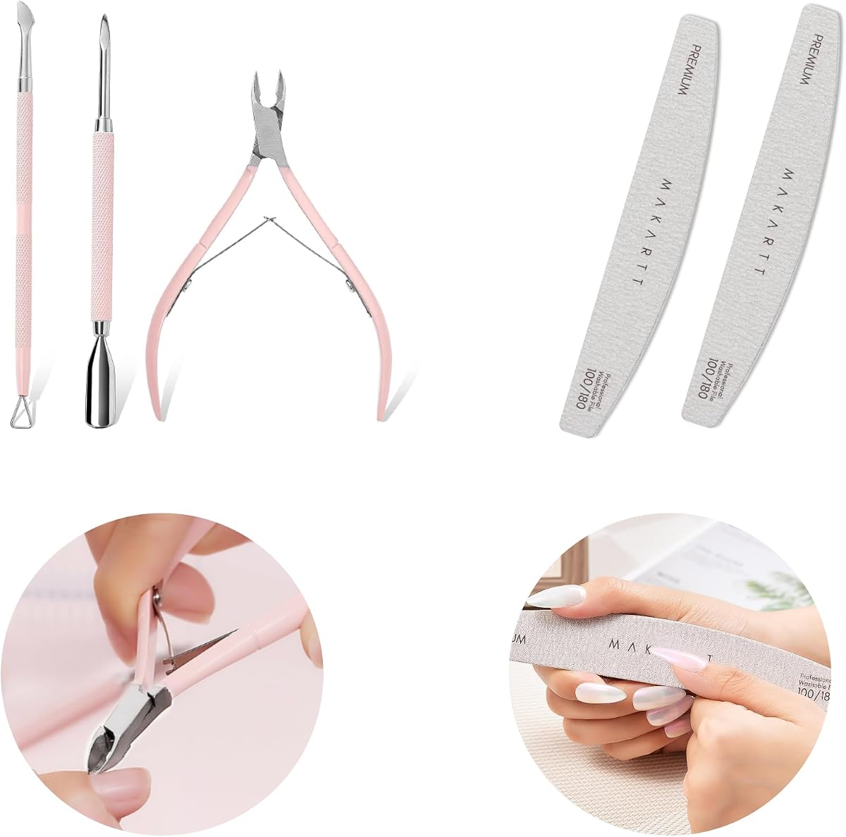 Makartt Juego de cuidado de uñas 3 en 1: cortacutículas y empujador de cutículas rosa, lima de uñas de doble cara (grano 100/180) para uñas naturales y artificiales