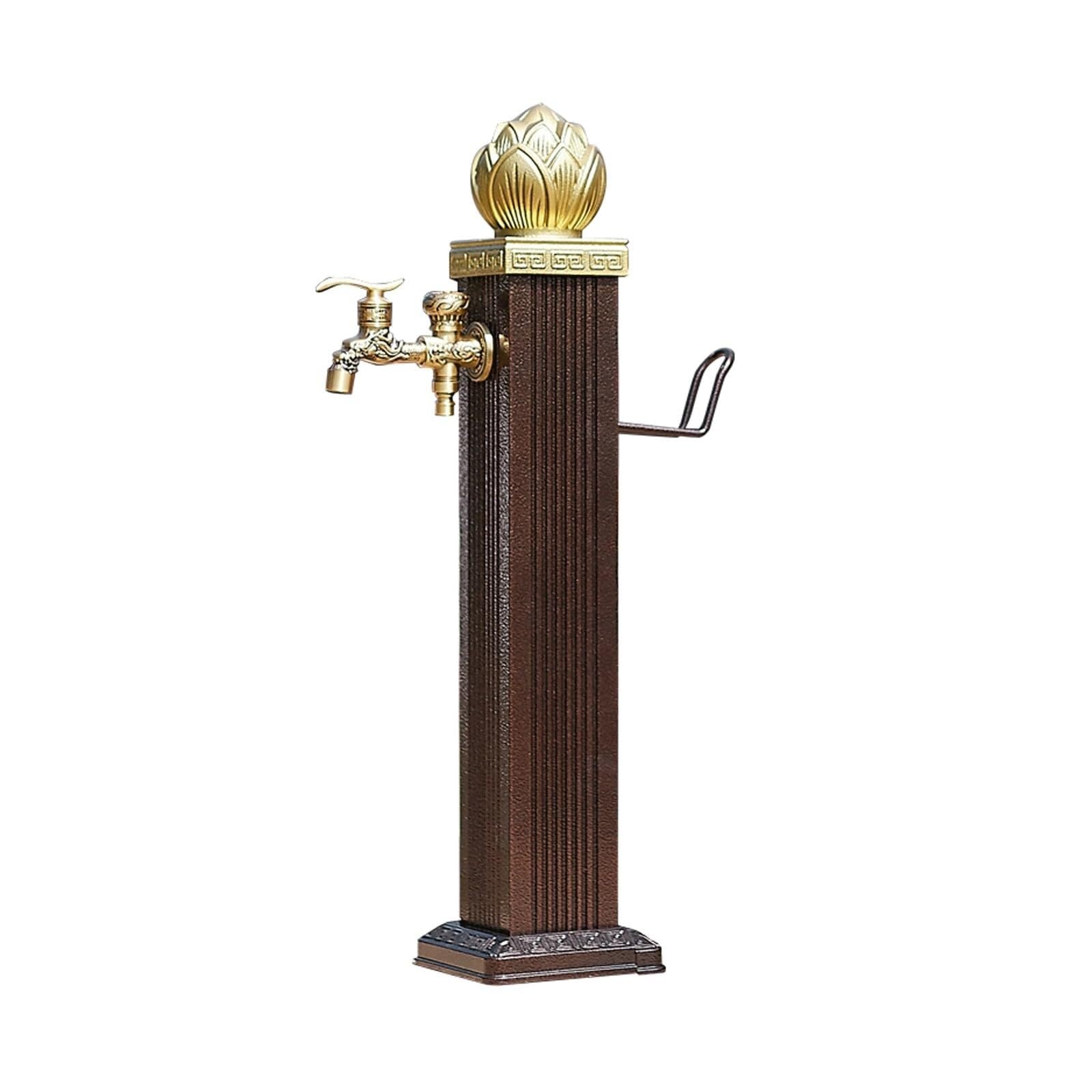 Garden Water Column Bronze Lotus Top Garden Water Fountain with Gold 2 Faucet,Outdoor Water Tap with Hose Holder Water Yard Hydrant(74x17x17cm)