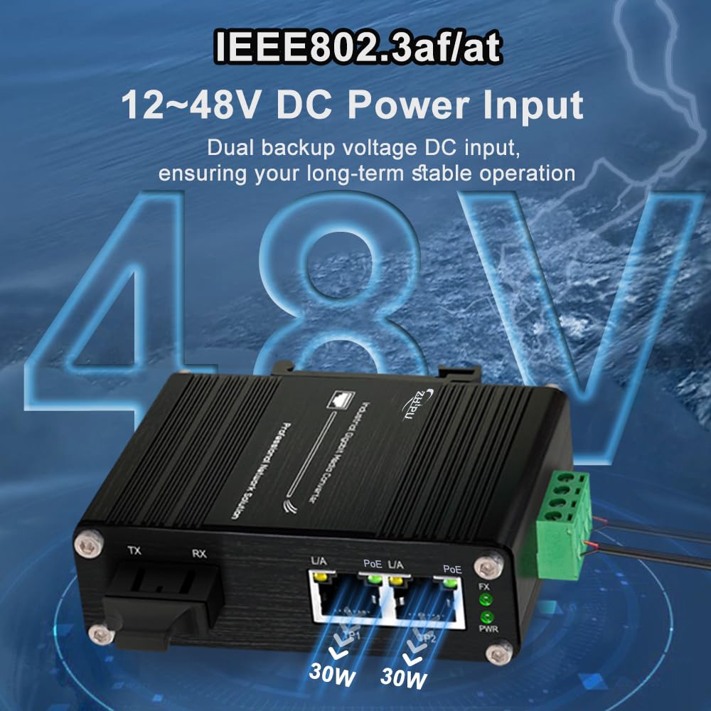 Convertisseur de média industriel 1,25 G Gigabit SC vers Ethernet prenant en charge le rail DIN, commutateur de fibre IEEE 802.3af/at 30 W PoE avec 2 ports RJ45 et 1 port SC monomode, jusqu'à 20 km,
