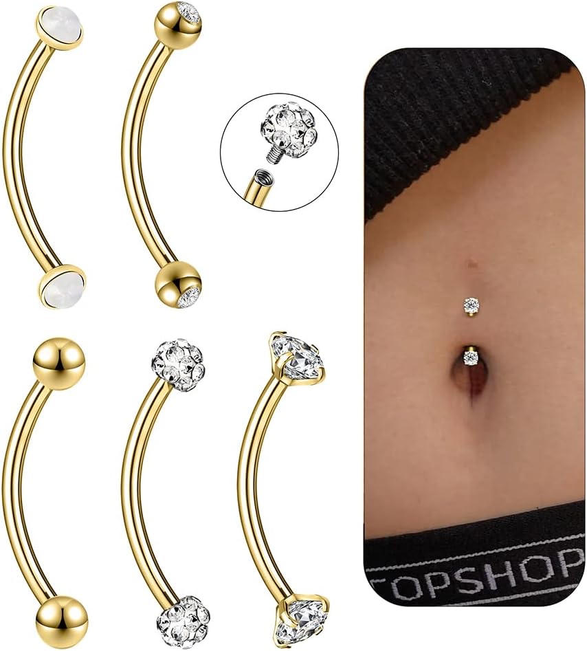 14G Small Belly Button Rings for Women - 316L Stainless Steel Tiny Internally Threaded Navel Rings - Rook Piercing Jewelry - Hypoallergenic Curved Barbells, 6-16MM, 5PCS