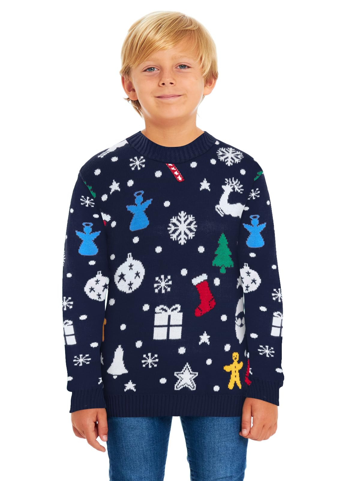Saans247 Boys Santa Jingle Navy Kids Girls Kids Unisex Christmas Xmas Knitted Novelty, Retro, Elf, Football Jumper Sweater
