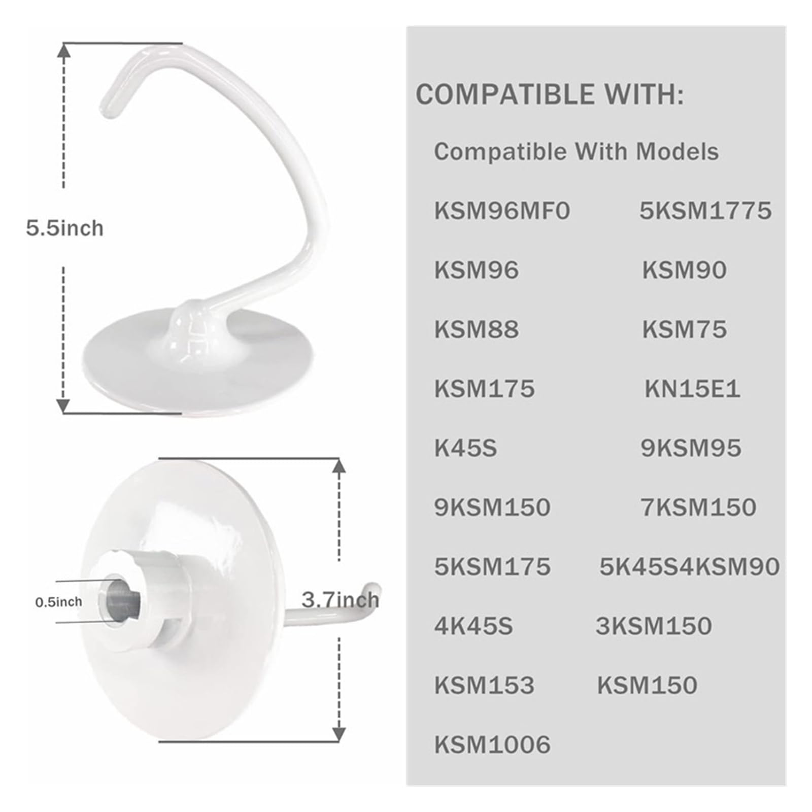 Compatible con KitchenAid, gancho for masa recubierto K45DH, KSM90/150