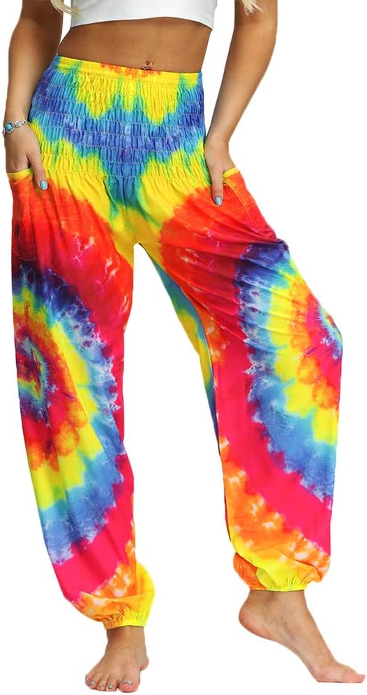 Women's Hippie Harem Trousers Smocked High Waisted Pockets Cuffed Yoga Pants