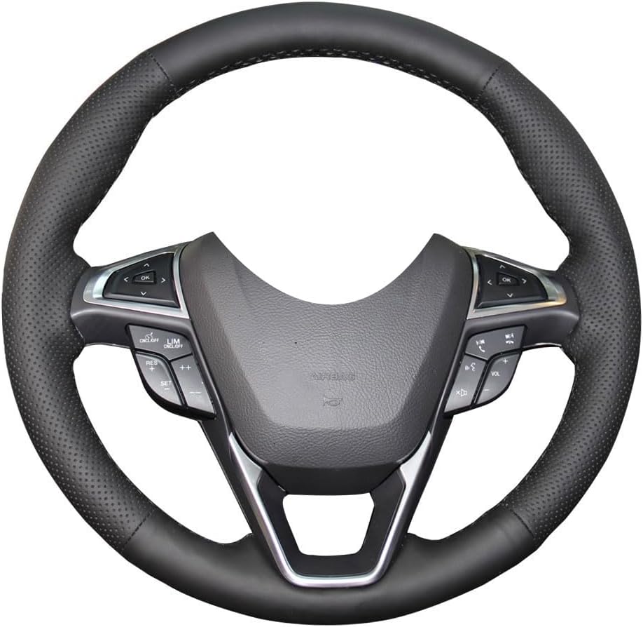 Eiseng DIY Sew StitchGenuine Leather Steering Wheel Covers for Ford Fusion 2013 2014 2015 2016 2017 2018 2019 2020 / for Ford Edge 4dr SUV 2015-2020 Interior Accessories 15 inches (Black Thread)