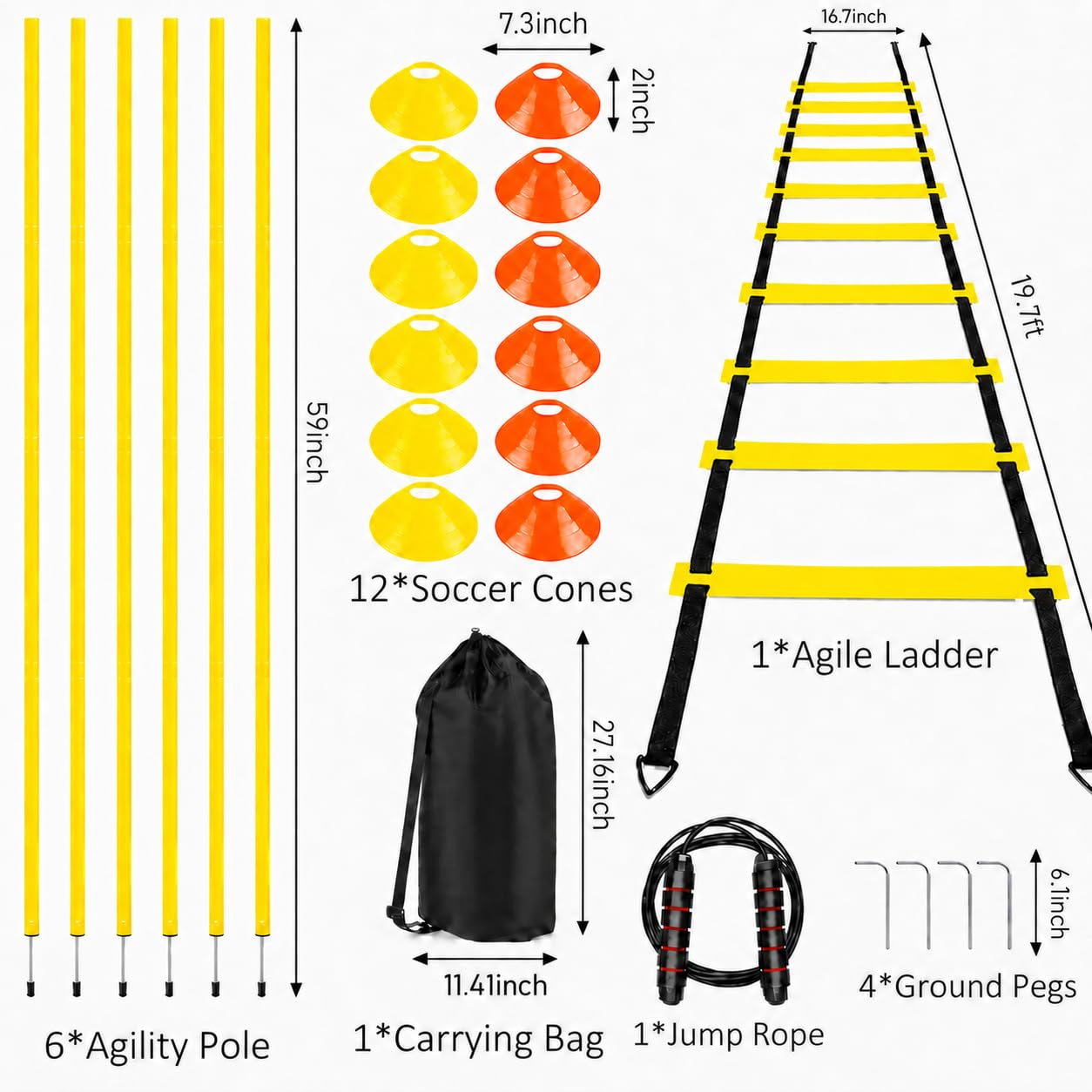 Juego de equipo de entrenamiento de agilidad de fútbol, accesorios de fútbol, escalera de agilidad de 20 pies, 12 conos, entrenador de fútbol solo, equipo de entrenamiento de velocidad de