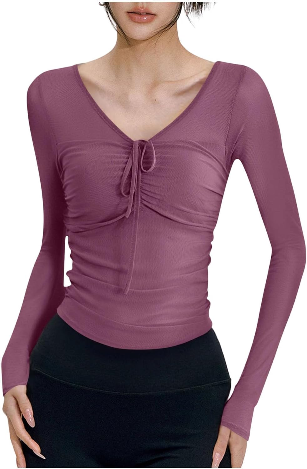 Workout Tops for Women Long Sleeve Sun Shirt Sun Protection Running Hiking Clothes Drawstring V Neck Athletic Tops