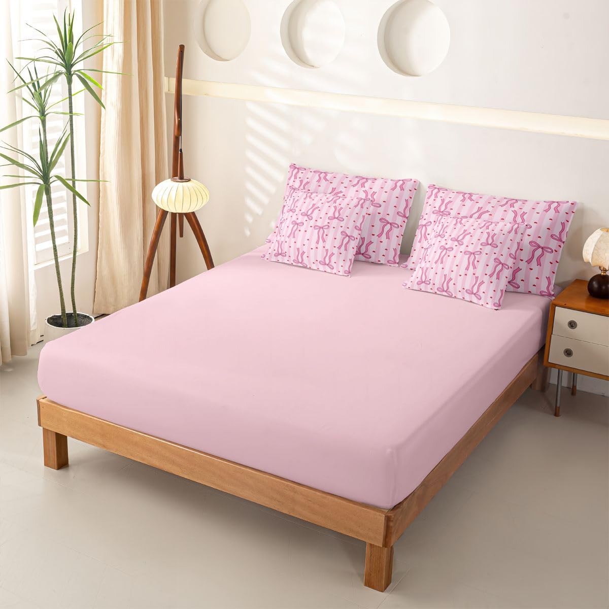 Loussiesd Copripiumino con lenzuola, 7 pezzi, per letto singolo, con grazioso fiocco kawaii, cuori, letto in una borsa, per bambini, ragazzi e ragazze, set di biancheria da letto a righe geometriche