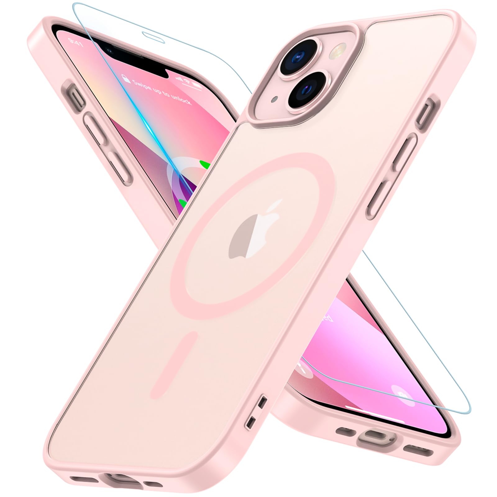 Hensinple Magnetica Cover per iPhone 13 / Cover iPhone 14 con Vetro Temperato [Compatibile con MagSafe],Custodia Traslucida Opaca Protezione Antiurto Resistente ai graffi Sottile Case - Rosa