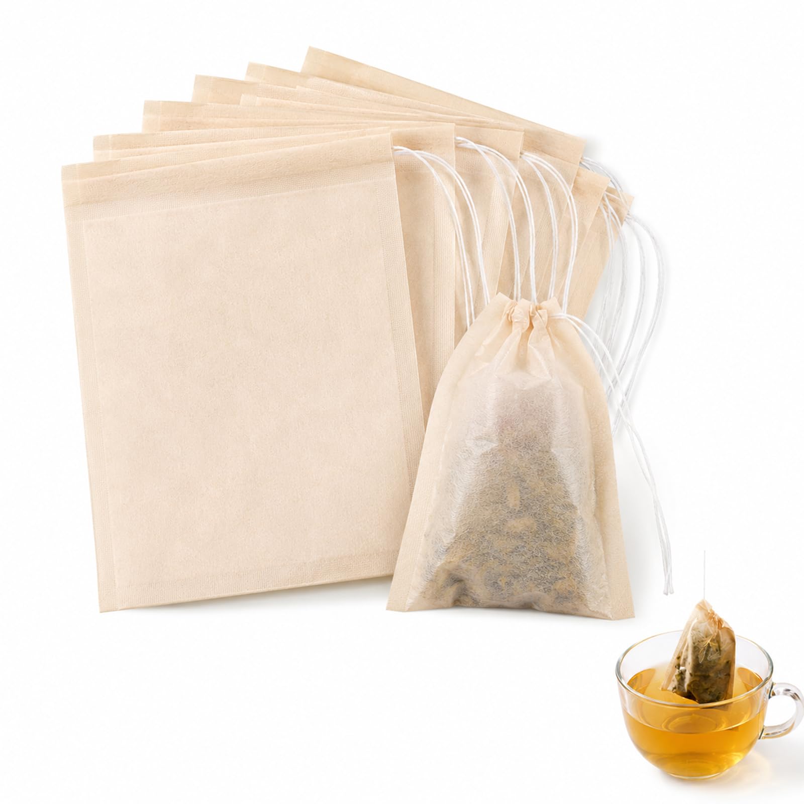Livawnd 100 Pack Disposable Tea Filter Bags, 9×7cm Unbleached Biodegradable Paper Drawstring Pouches for Loose Leaf Tea, Coffee & Herbal Infusions