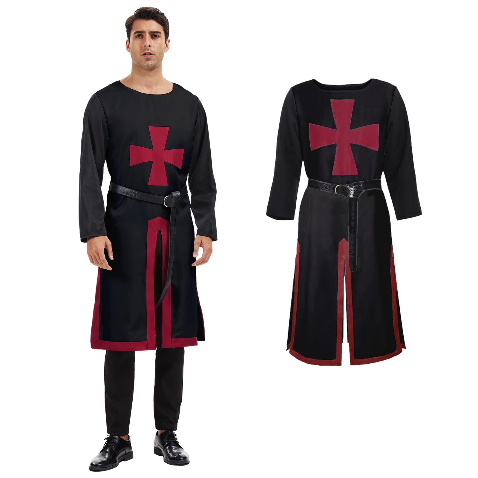 AJGEGJE Medieval Knight Costume Men, Renaissance Crusader Tunic with Belt, Warrior Robe Costume for Carnival Viking Cosplay (Black, L)
