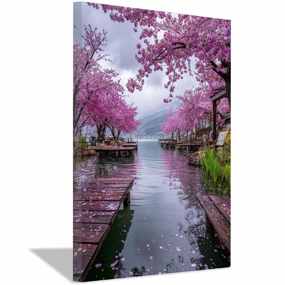 HOQIU Beautiful wall art Lakeside Blossoms Pier canvas artwork for wall, art prints, For living room, bedroom, bathroom, dining room, painting and decor.(Multicolor)-80x120cm Framed