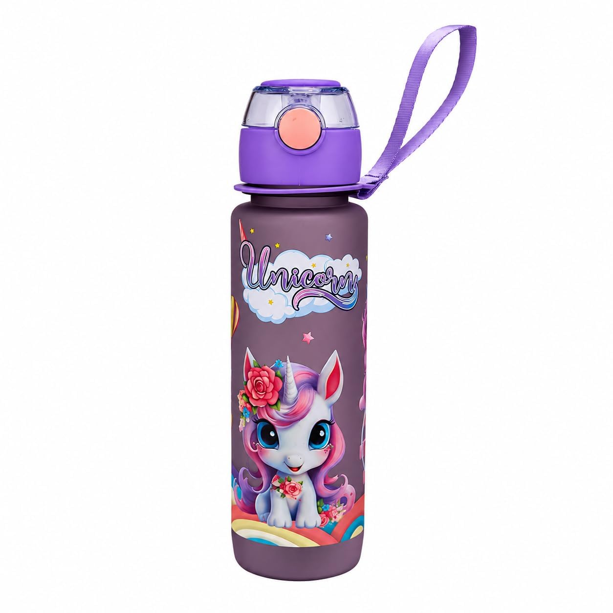 Unicorn Cartoon Kids Water Bottle, Leakproof with Straw, Strap & Stickers