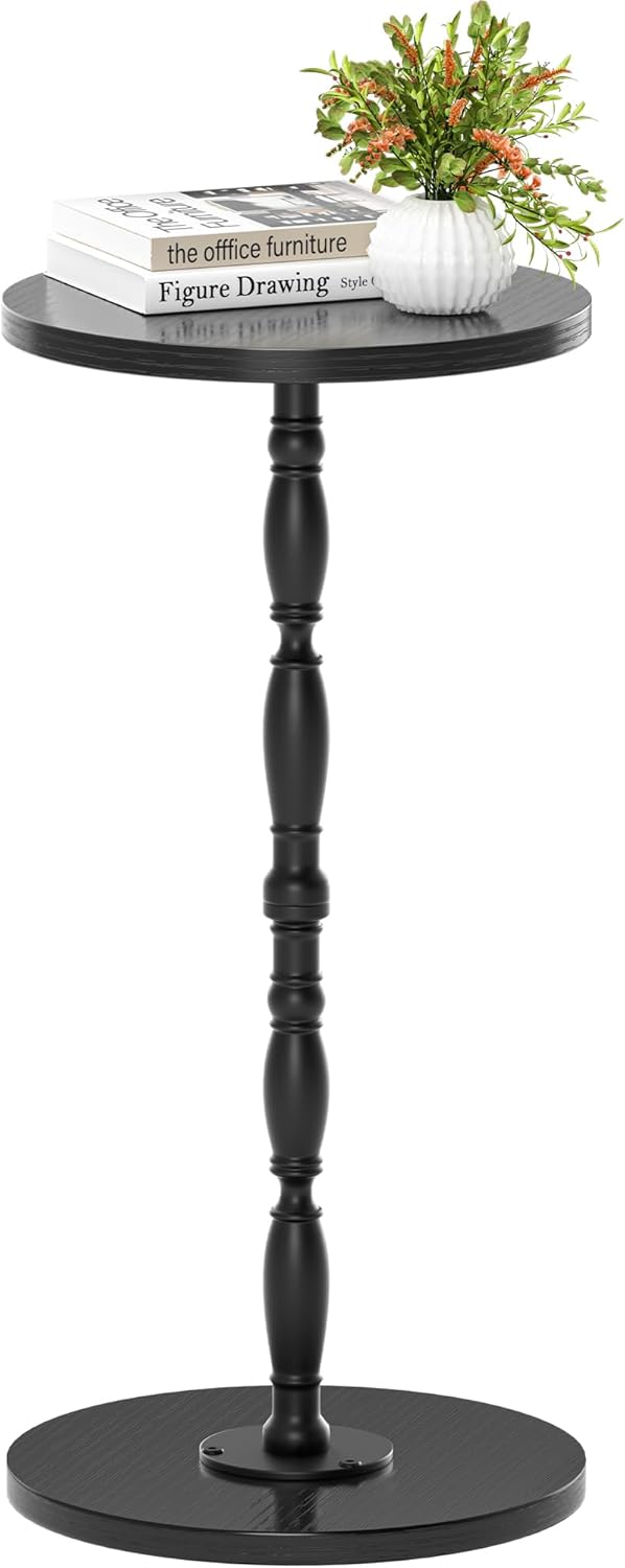 Round Side Table, Drink Table for Small Spaces, Vintage Accent Side Table, Pedestal End Tables for Bedroom, Living Room, Sofa Couch and Corners, Black