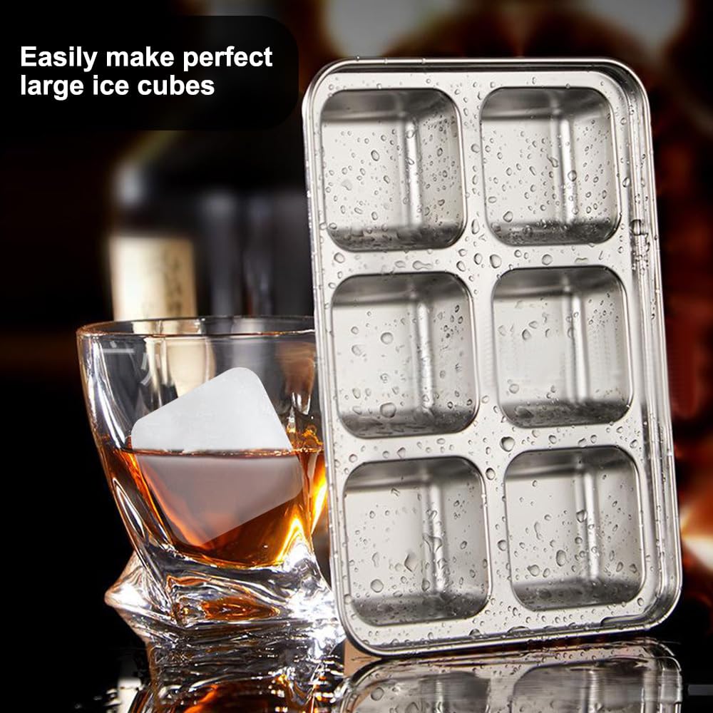 Bandeja de cubitos de hielo de acero inoxidable con tapa, máquina de hielo de 6 compartimentos, congelador eficiente para cócteles, whisky, vino, café y jugos
