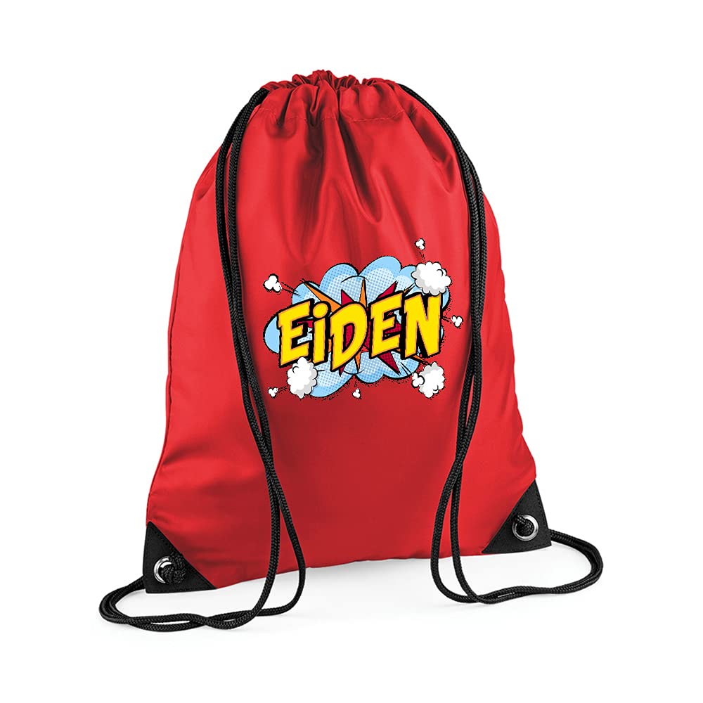 Getagift Personalised with Any Name Comic Pop Art Themed Gift for Children, Kids, Girls/Boys, Back to School, Premium Drawstring Bag, PE Gym Kit School, Swimming, PE Kids Sport Rucksack. (Bright Red)