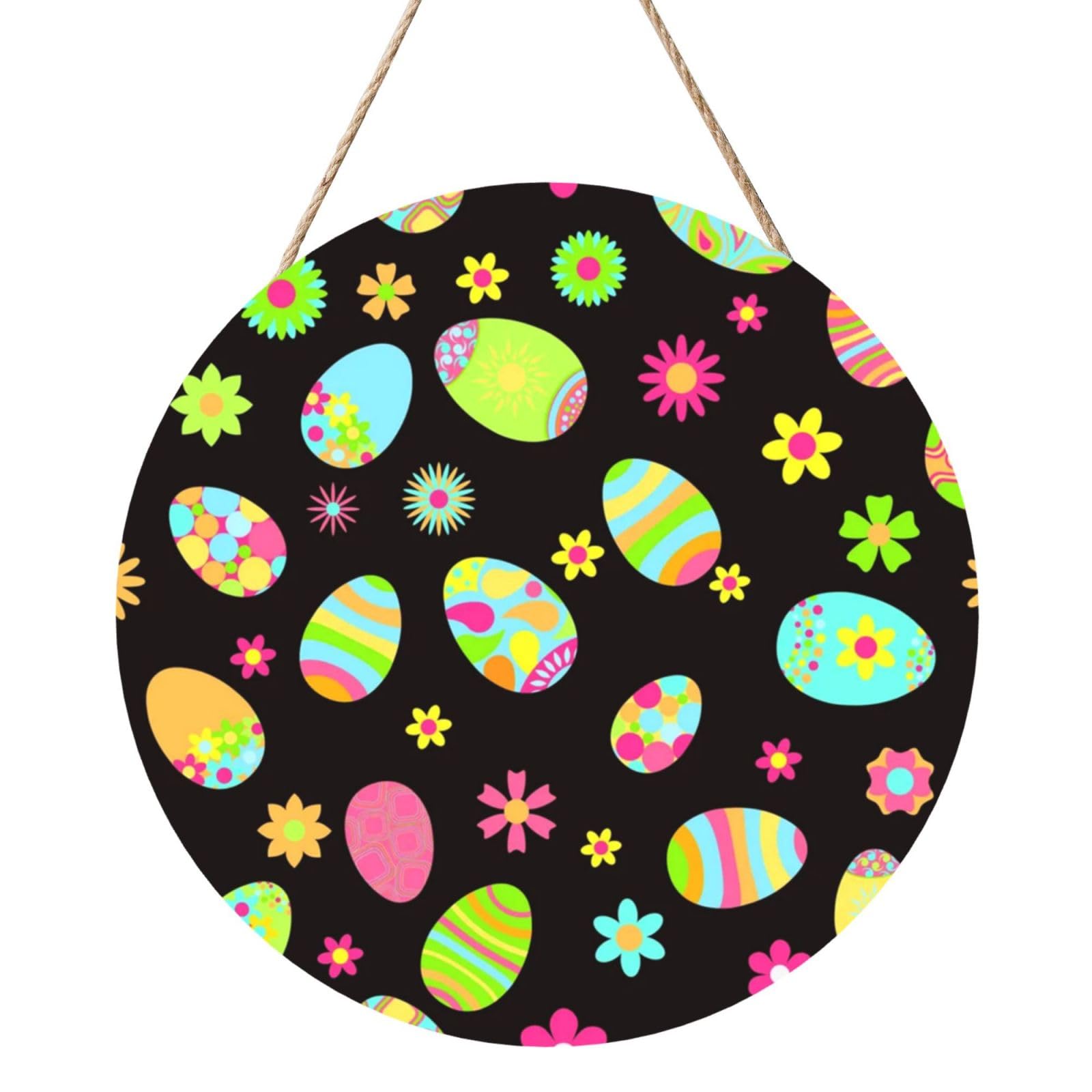 InOmak Happy Easter Colorful Easter Eggs, Round Wood Panel Painting 12 in, Wall Hanging Painting For Home