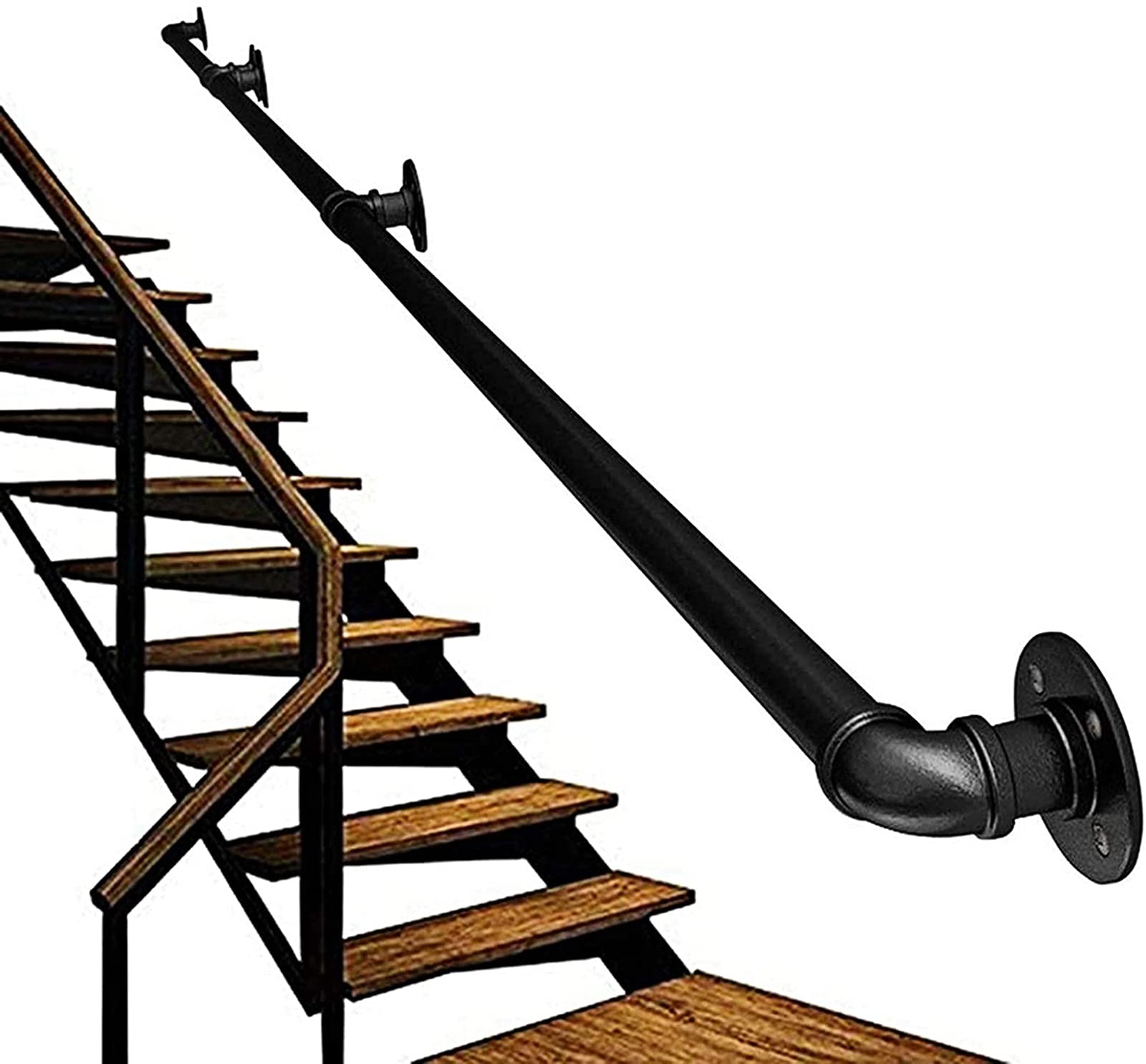 LWJSOCP Staircase Handrails 1ft-20ft Black Metal Railing Kit with Iron Wall Brackets Indoor/Outdoor Guardrail for Stairs Porch & Deck Size: 17ft Complete Set