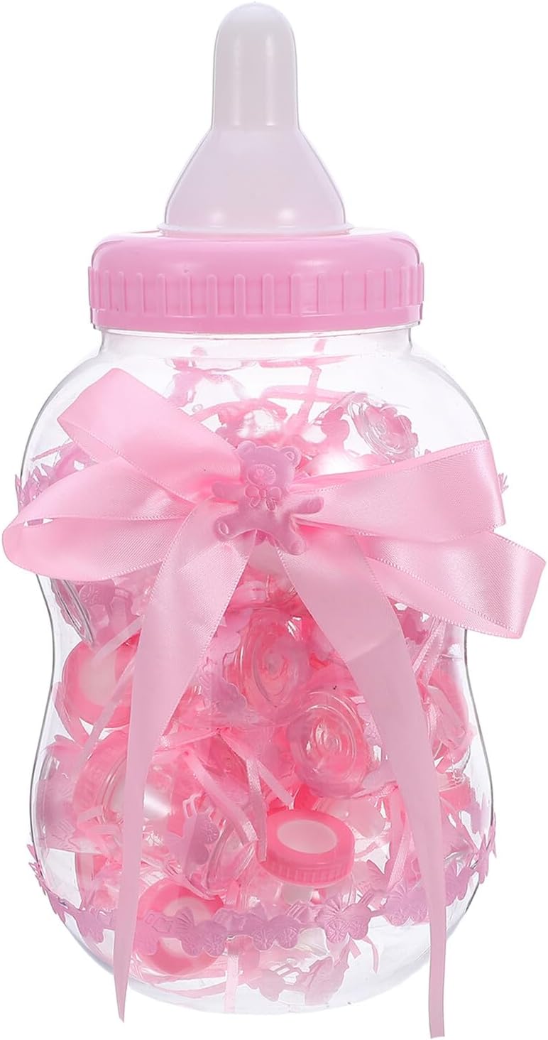Shower Candy Box with 30 Mini Milk Bottles, Pink Plastic Candy Storage Container for Party Favors and Birthday Decorations