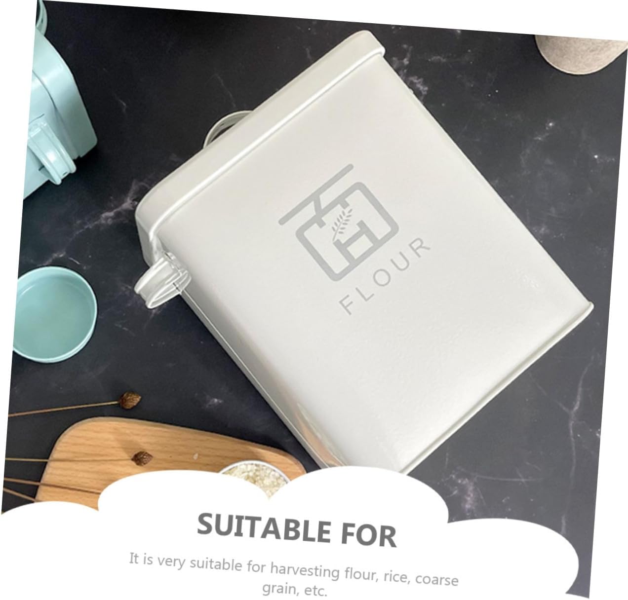 FAVOMOTO Household Iron Flour and Rice Storage Container with Airtight Seal, Vintage White Kitchen Food Storage Box for Pantry Organization and Moisture Protection