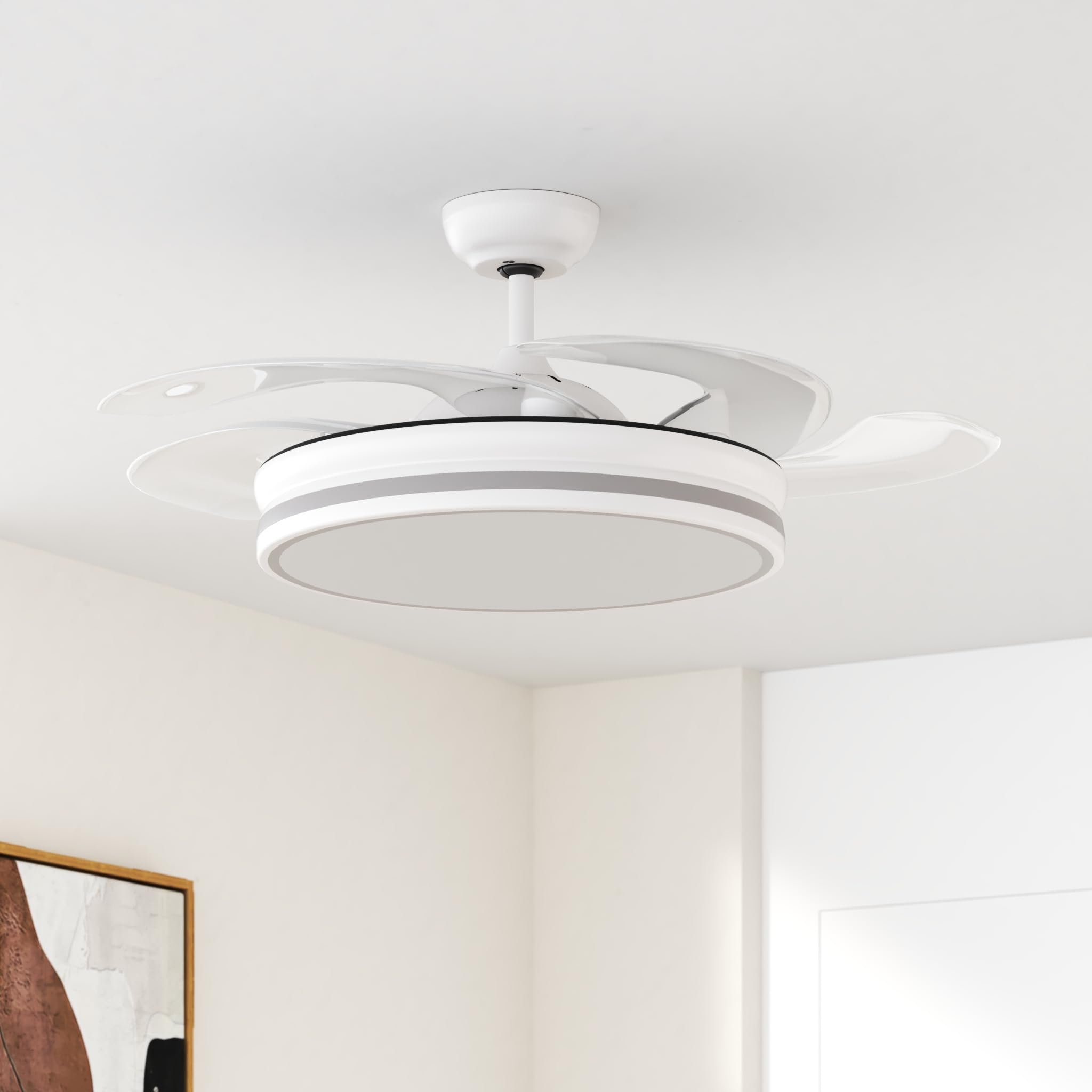 Bilake Ventilador de Techo con Aspas Retráctiles y Luz LED. Motor DC Ultra Silencioso, Bluetooth (App) y Mando, Función Invierno/Verano, Memoria y Altura Regulable (Blanco.108cm | 50W | 6200lm)