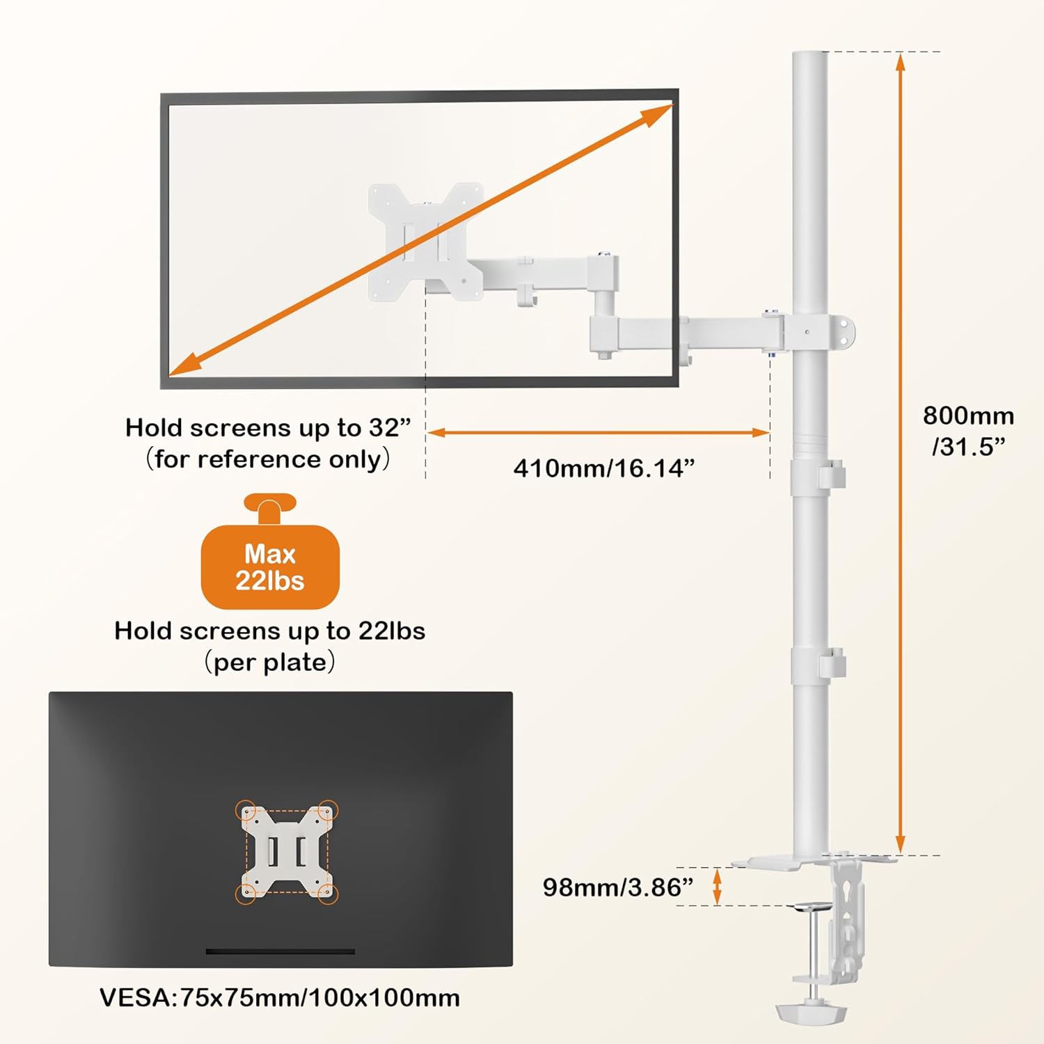 Bracwiser Single Fully Adjustable Standing Height Monitor Arm Stand Mount 800mm Tall for Monitor Computer Screen 13 15 17 19 20 22 23 24 26 27 30 32 inch VESA 75 100 (MD7821W)