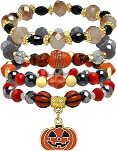 Artlunar 4pcs Halloween Bracelets Skull Pumpkin Bat Charm Bracelet Stackable Boo Witch Hat Stretch Bracelet For Women Boys Girls (Halloween-F