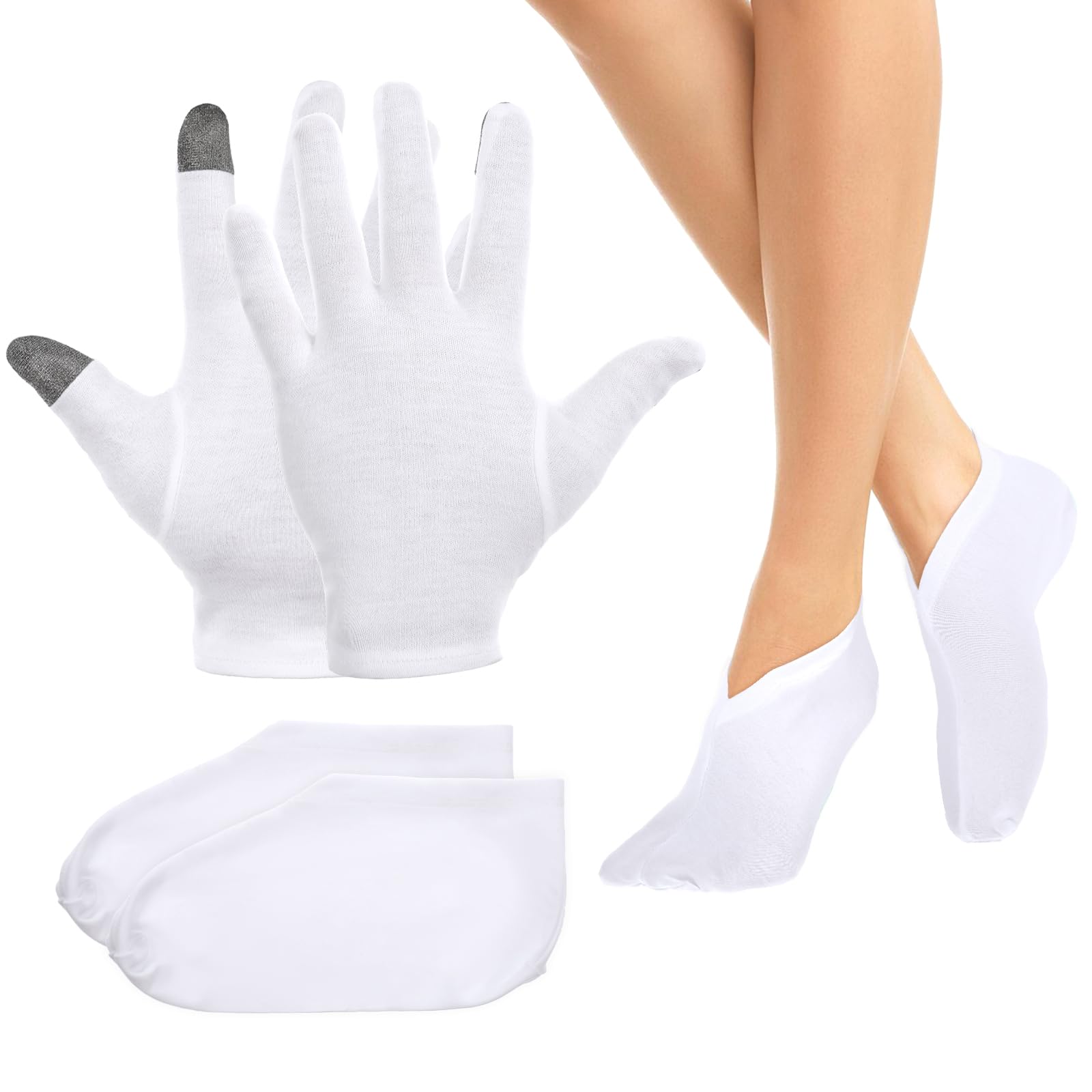 4 Pairs White Cotton Moisturizing Socks Gloves Overnight for Dry Feet Hands, Cotton Moisture Lotion Sleeping Overnight Socks Gloves for Women Girls Dry Feet Hands Healing Repairing Softening