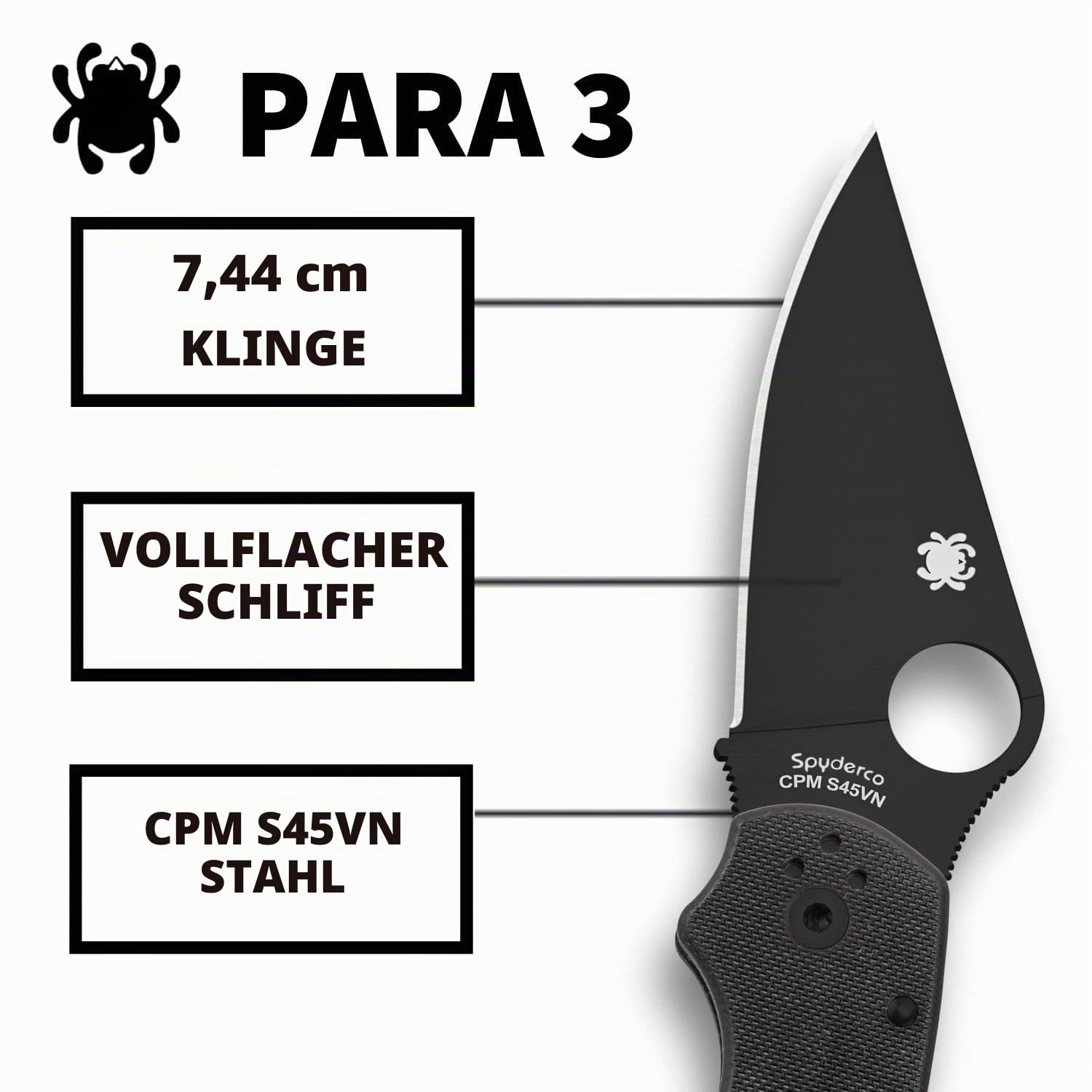 Spiderco para 3 Klappmesser Unisex Erwachsene, Schwarz | 18,3 cm Gesamtlänge, 7,44 cm CPM S45VN Stahlklinge, G-10 Griff, Kompression, vollflächiges Mahlen